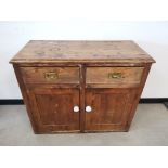 Antique pine dresser base, sideboard with two single drawers over double cupboard doors.