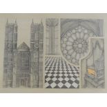 Desmond Rayner, charcoal and gouache on paper, Westminster Abbey, signed lower right, framed and