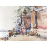 Signed watercolour on paper, Indian river front of Vanasi, also known as Benares. Indistinctly