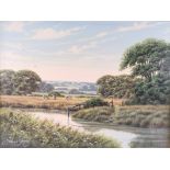 Terence Grundy oil on canvas landscape, of a countryside river scene with cattle grazing. Framed.