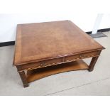 Modern burr walnut large square coffee table, with two drawers to two sides, raised on carved square