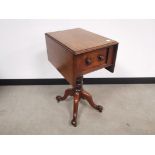 Mahogany drop leaf sofa table, Having one single and one dummy drawer, raised on turned coloumn