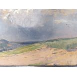 An unsigned sombre oil on panel, landscape on a cloudy day. Potential monogram lower right, believed