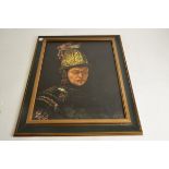 Oil on Canvas The Man With The Golden Helmet, a framed 1960s oil on canvas depicting an 18th century