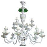 Early 20th Century Czech Bohemian 12 branch emerald green overlay chandelier, hand painted and fired