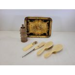 A group of sewing related collectables to include a cylindrical turned wooden case, height 3.5cm