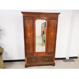 Mahogany inlaid single wardrobe, with central mirrored door and lower drawer. 203cm H x 128cm W x