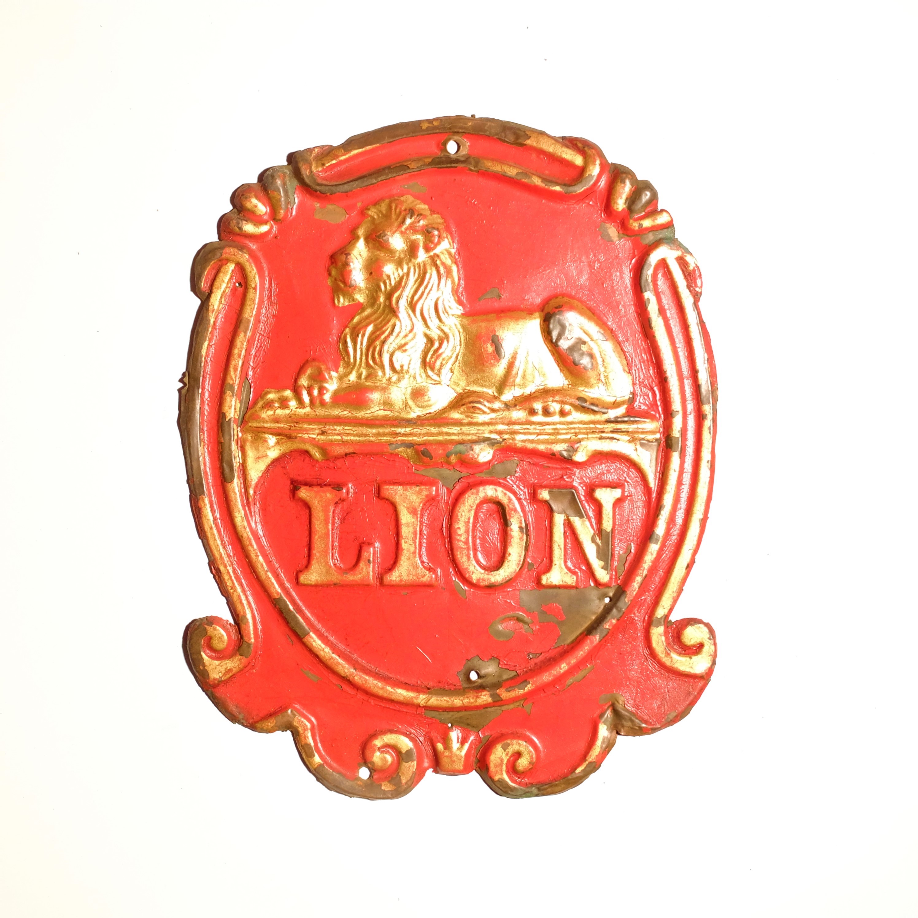 Lion Fire Insurance Company Fire Mark, 1879-1902, W114A, copper, G, some original paint