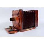 A Hare Whole Plate Mahogany Tailboard Camera, circa 1870, maker's plate 'G. HARE 1 LR CALTHORPE ST