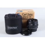 A Carl Zeiss T* 50mm f/1.4 Planar Lens, Contax N mount, serial no 12716963, barrel VG, elements G,