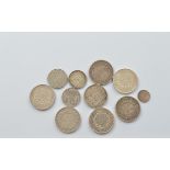 Ten 19th and 20th Century circulated silver French coins, including six five Franc pieces, dating