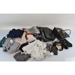 A good collection of assorted clothing and shoes, including Superdry coat, Dune suede boots, etc,