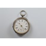 A Victorian silver open faced fob watch, white enamel dial, seconds subsidiary, Birmingham 1876, 5.