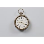 A George V silver open faced fob watch by H Samuel, white enamel dial, roman numerals, seconds