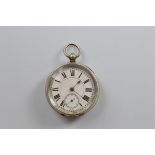 A continental open faced white metal fob watch, roman numerals, seconds subsidiary, 5cm diameter,