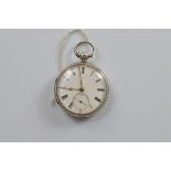 A Victorian silver open faced fob watch by Adam Burdess of Coventry, white enamel face, roman