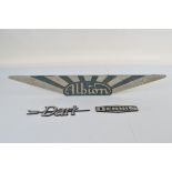 A large aluminium lorry name plate, Albion, in silver and green, 78cm long together with two plastic