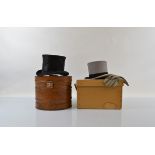 Two gentleman's top hats, by Woodrow Piccadilly and another in toleware hat box together with a pair