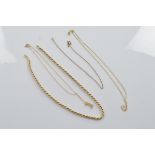 A 9ct gold rope twist necklace, marked to clasp, together with a curb link necklace and another