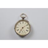 A continental open faced white metal fob watch, circa 1900, white face, roman numerals, 5cm