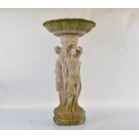 A reconstituted stone birdbath, modelled as the three graces, with circular top, 78cm high