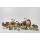 A collection of miscellaneous metalware, including a copper hunting horn, a copper and brass