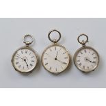 Three continental lady's open faced fob watches, all with white enamel dials, roman numerals, some