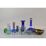 A collection of coloured glassware, including a Bohemian twin handled gilt metal and glass posey