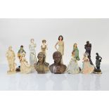 A collection of thirteen resin figures, including Mozart busts, elegant females from the Leonardo