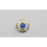 A silver and enamel floral circular brooch, with blue iris decoration, 3.8cm