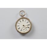 A Victorian open faced fob watch, white enamel dial, roman numerals, seconds subsidiary dial,