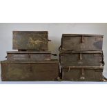 A collection of six various military hinged wooden and metal bound trunks/ammunition boxes, from