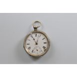 A continental white metal open faced fob watch, white enamel face, seconds subsidiary, 5cm diameter,