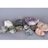 World Minerals, an assortment of minerals comprising Rose Quartz, Amethyst, Dioptase, Epidote, a