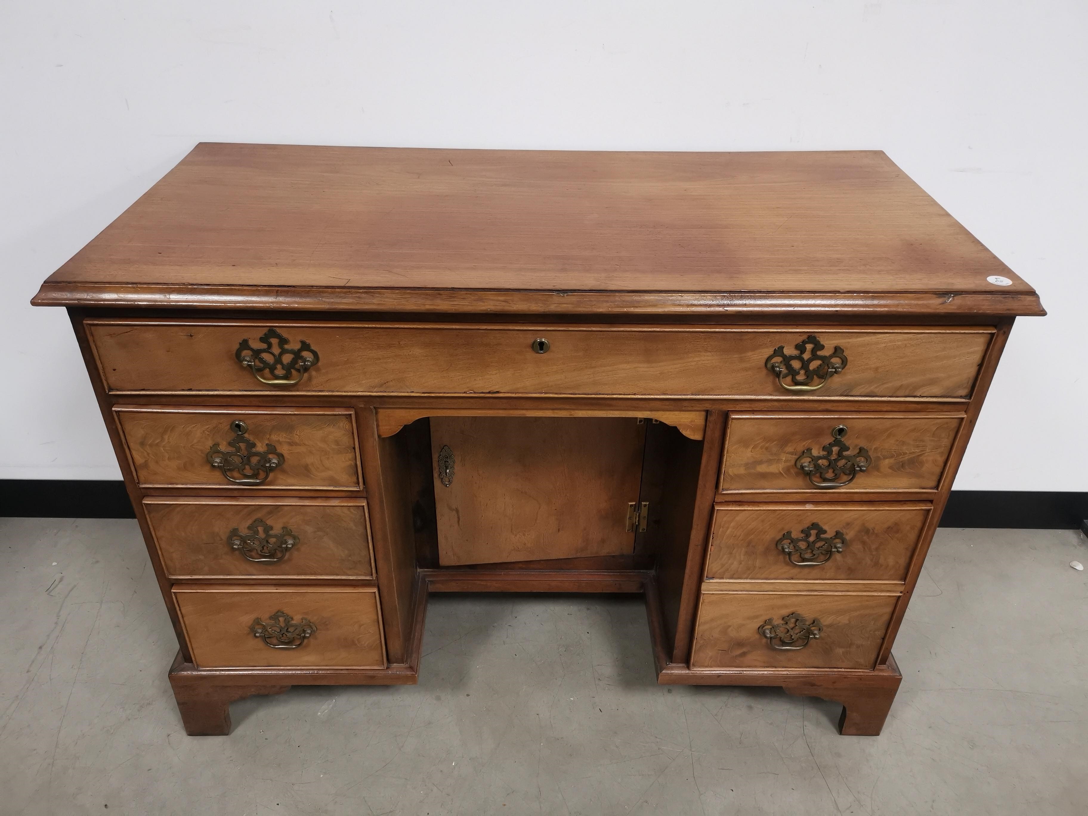 19th Century mahogany kneehole desk, one full length drawer to frieze, three drawers to either