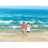 Kathy Luders, oil on canvas, Hold my Hand, children at the beach, signed KSL lower right, 46cm x