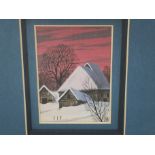 Trevor L Young (20th Century), watercolour and gouache, Japanese building in the snow, entitled '