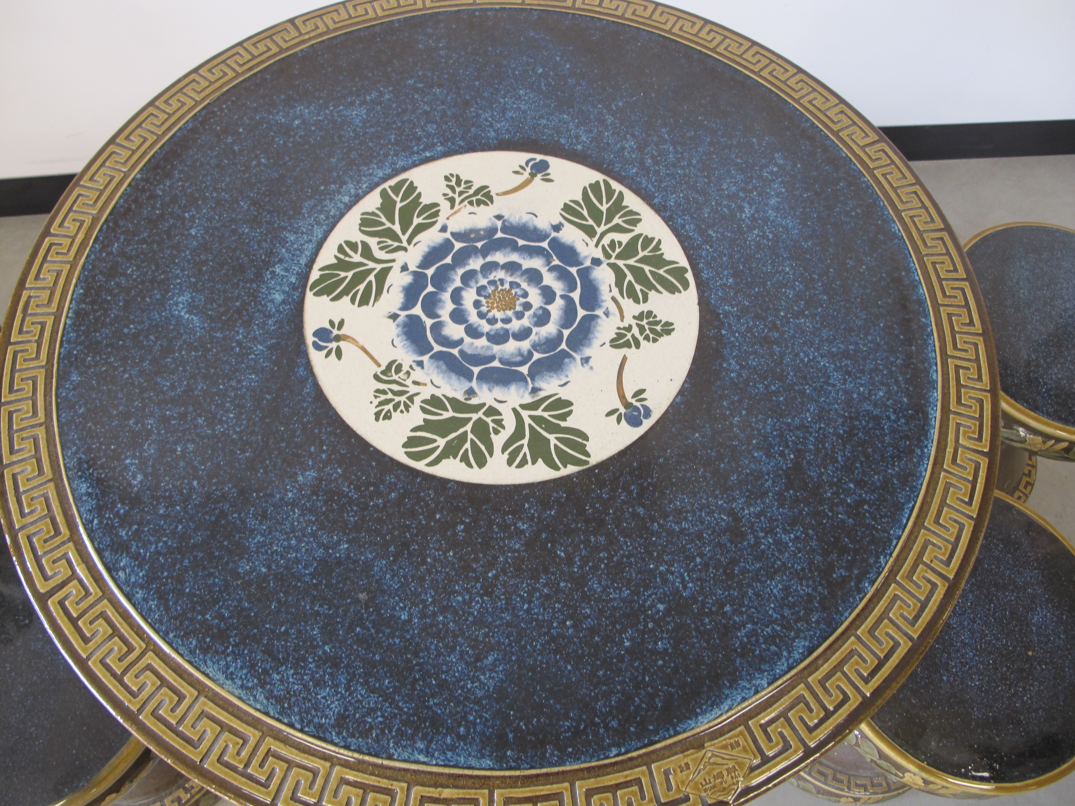 A 20th Century oriental stone ware and celadon polychrome garden set, comprising of circular - Image 3 of 6