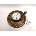 A 20th Century metal cased clock with painted design of acorns and oak leaves in the form of a