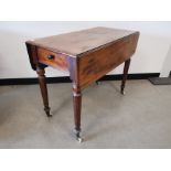 19th Century drop leaf table, with single end drawer, raised on turned supports on castors. 92cm L x