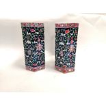 A pair of hexagonal vases with polychrome decoration of the flowering and fruiting plants and