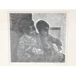 Ken Hutchinson signed print, entitled 'Friends', of two figures playing with a tortoise and guinea