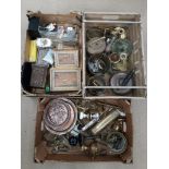 Metalware and Collectibles, three boxes of vintage and modern copper and brass ware including