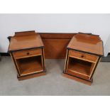 Oriental style pair of bedside tables, Both having single drawers. Together with matching headboard.