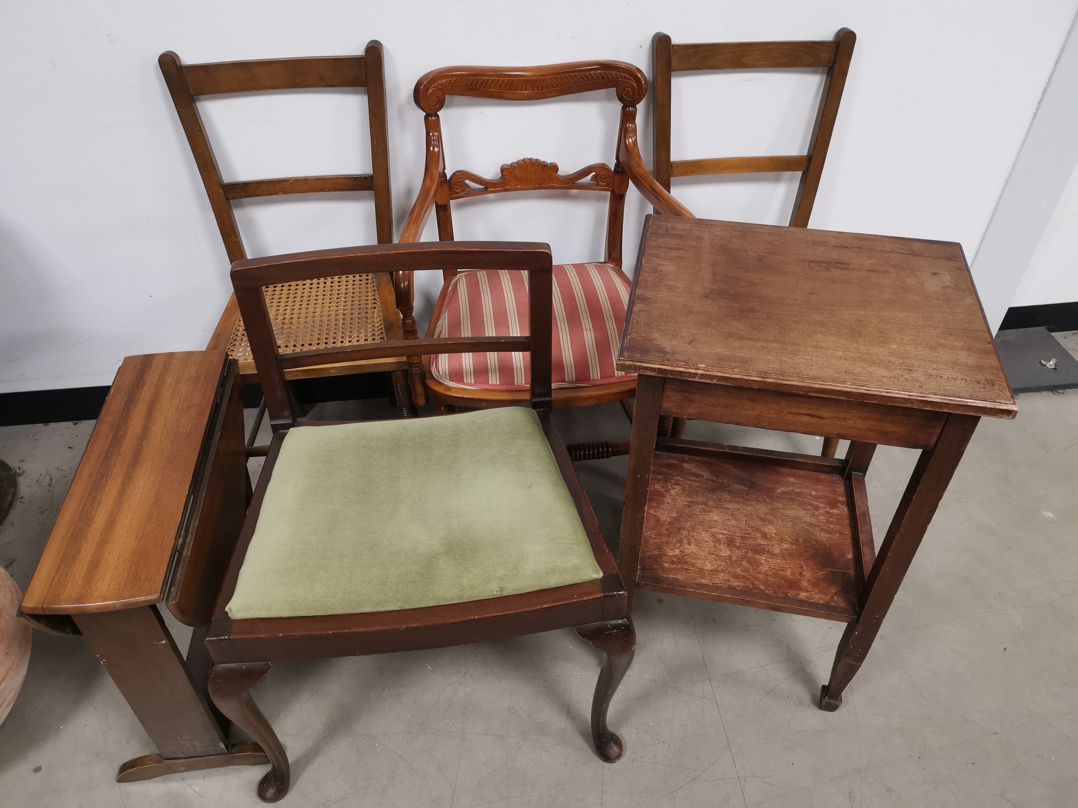 An assortment of occasional furniture, to include carved arm chair with turned supports, three other