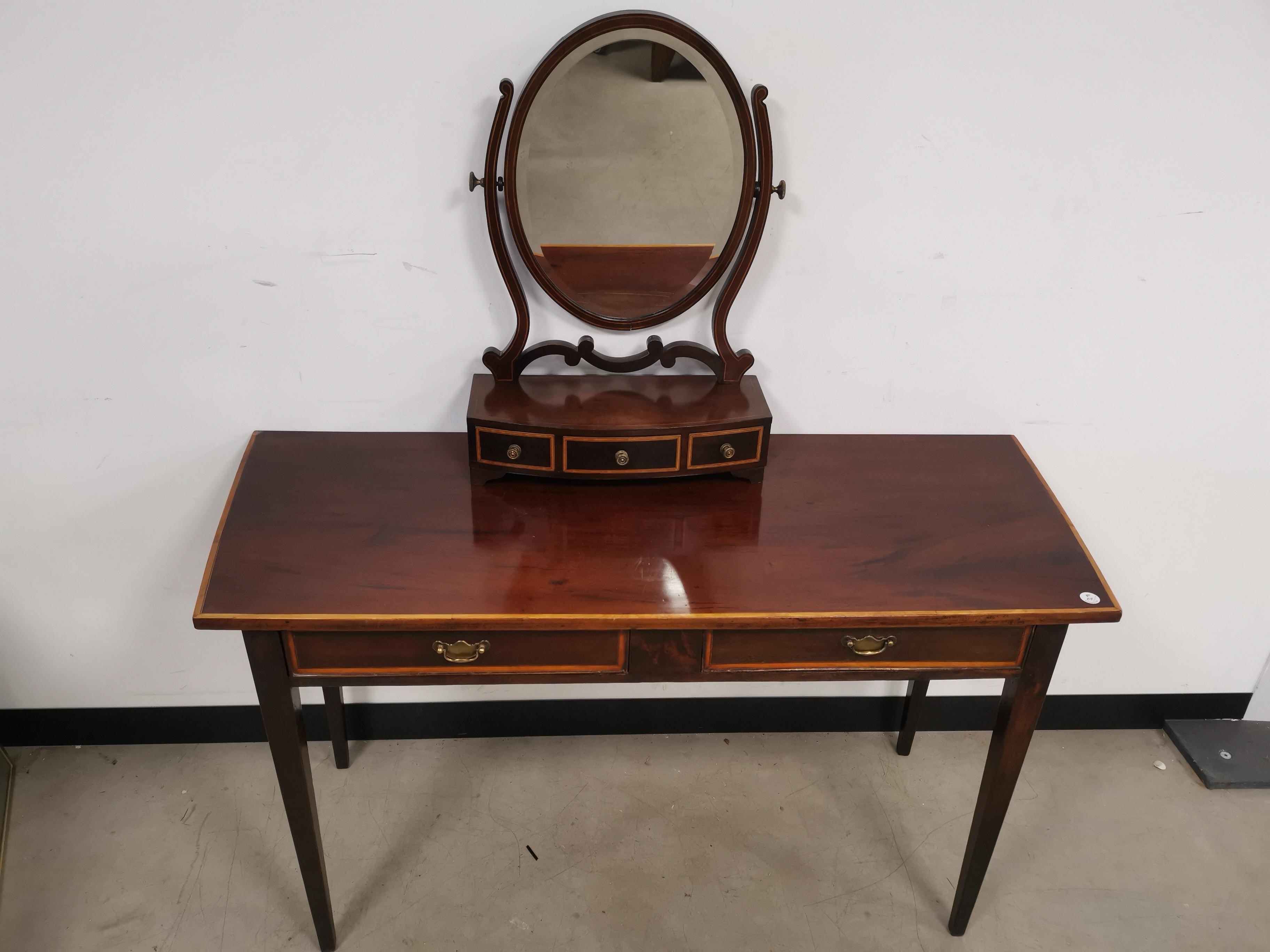 Edwardian two drawer side table, with inlay detailing. Together with a table top vanity mirror.