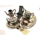 An assortment of silver plate and pewter, to include two serving bowls, an ovoid coffee pot with
