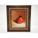 Susie Philipps, oil on board, fruit still life, entitled 'Pomegranate' verso. Monogrammed lower