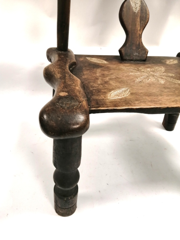 A Chinese horseshoe child's chair, with turned legs, the central splat with carved diamond and an - Image 3 of 3