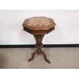 19th Century mixed wood chess table, with internal storage compartment, inlay decoration to the